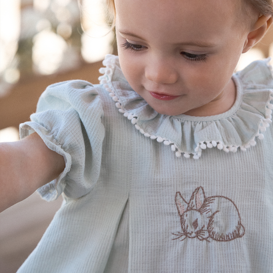Pale Blue Embroidered Bunny Easter Dress - AQUA
