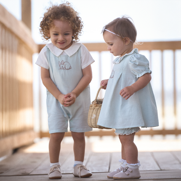 Pale Blue Embroidered Bunny Easter Dress - AQUA