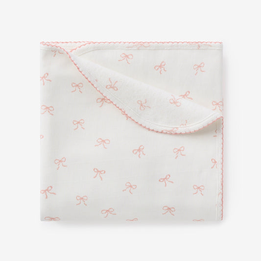 Pink Bow Organic Cotton Pointelle & Interlock Reversible Blanket - PINK