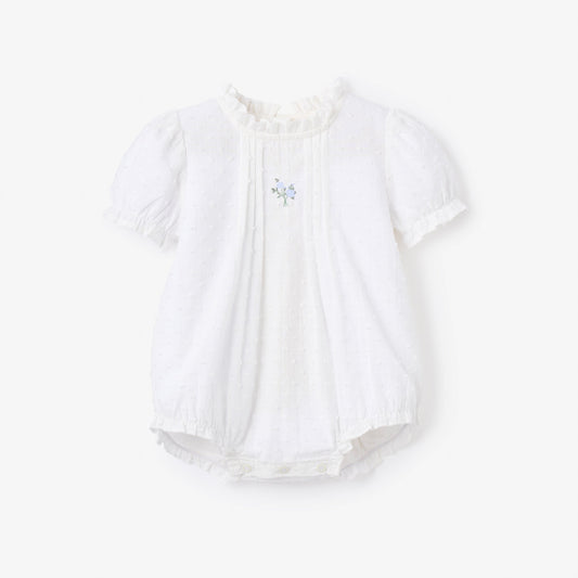 Swiss Dot Pintucked Bubble w/ Rose Embroidery
