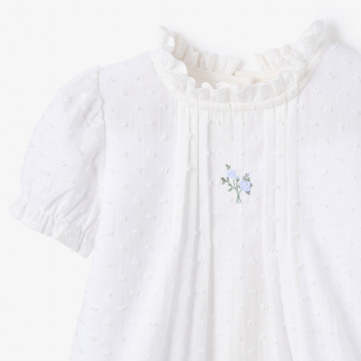 Swiss Dot Pintucked Bubble w/ Rose Embroidery
