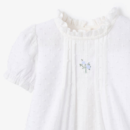 Swiss Dot Pintucked Bubble w/ Rose Embroidery