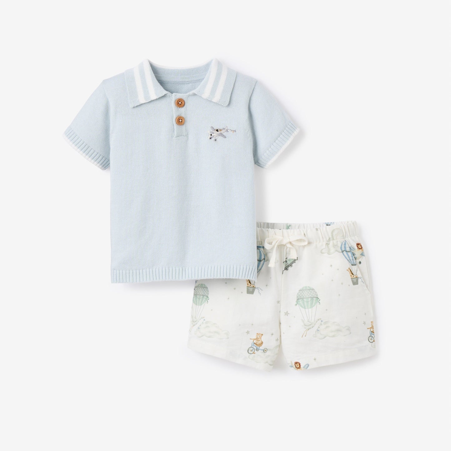 Dreamscape Knit Polo Shirt + Printed Oxford Shorts - BLUE