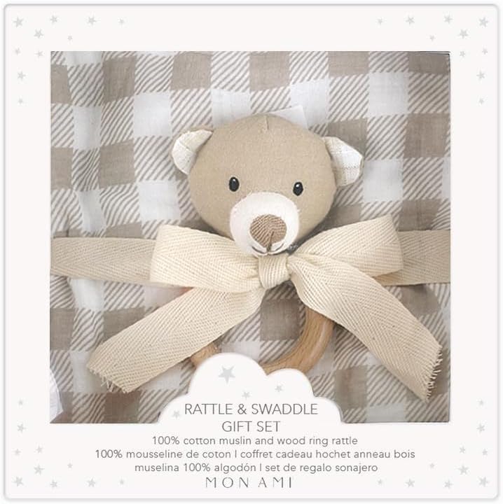 Gingham Bear Swaddle & Rattle Gift Set