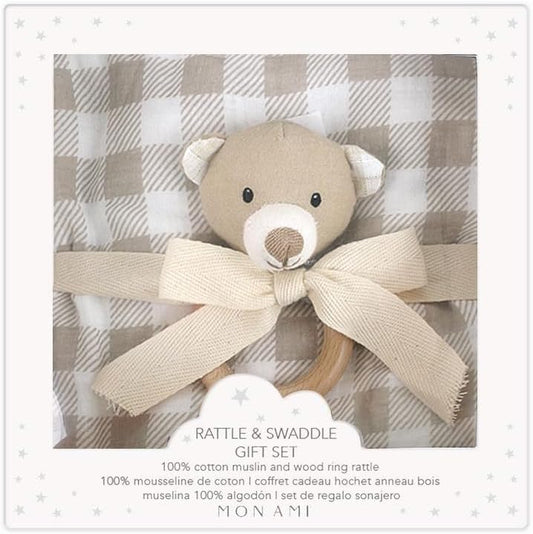 Gingham Bear Swaddle & Rattle Gift Set