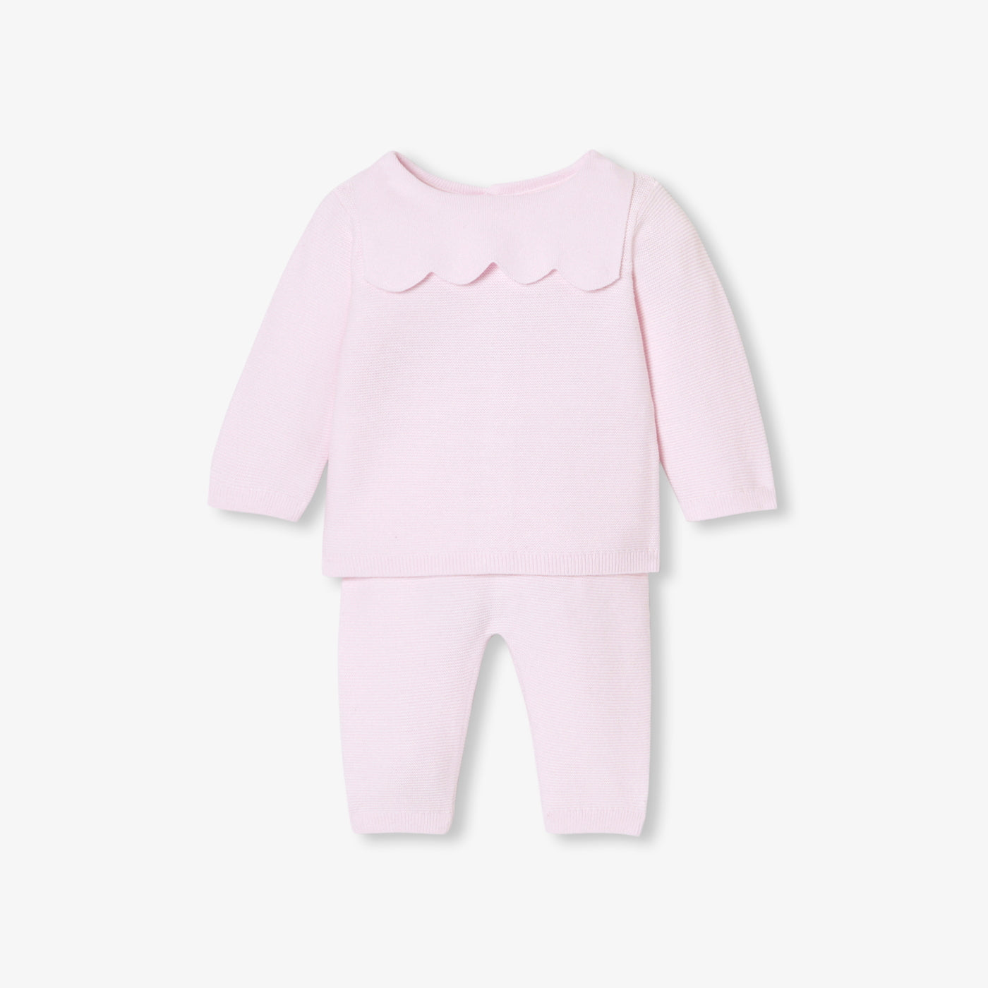 Baby Girl Set In Garter Stitch Cotton - Pale Pink