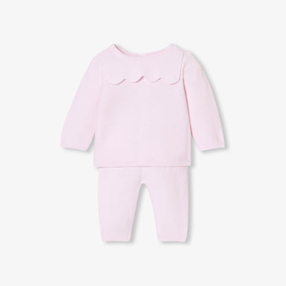 Baby Girl Set In Garter Stitch Cotton - Pale Pink
