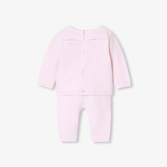 Baby Girl Set In Garter Stitch Cotton - Pale Pink