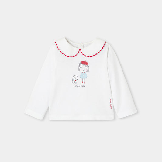 Baby Girl Cotton T-Shirt With Long Sleeves - White