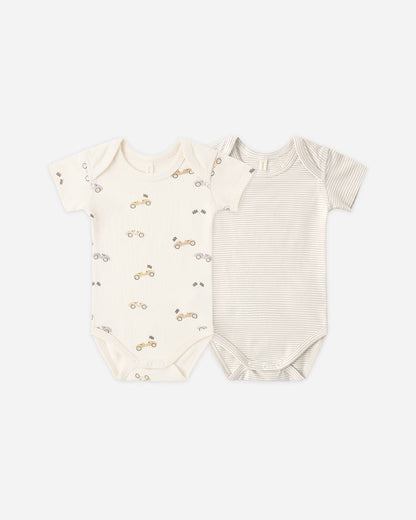 Short Sleeve Bodysuit Pack Race Car, Oat Micro Stripe