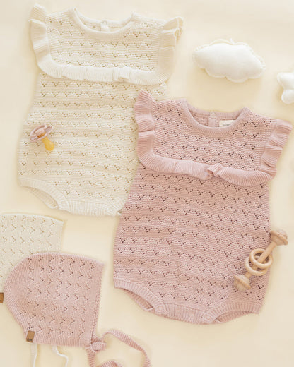 Pointelle Ruffle Romper Natural