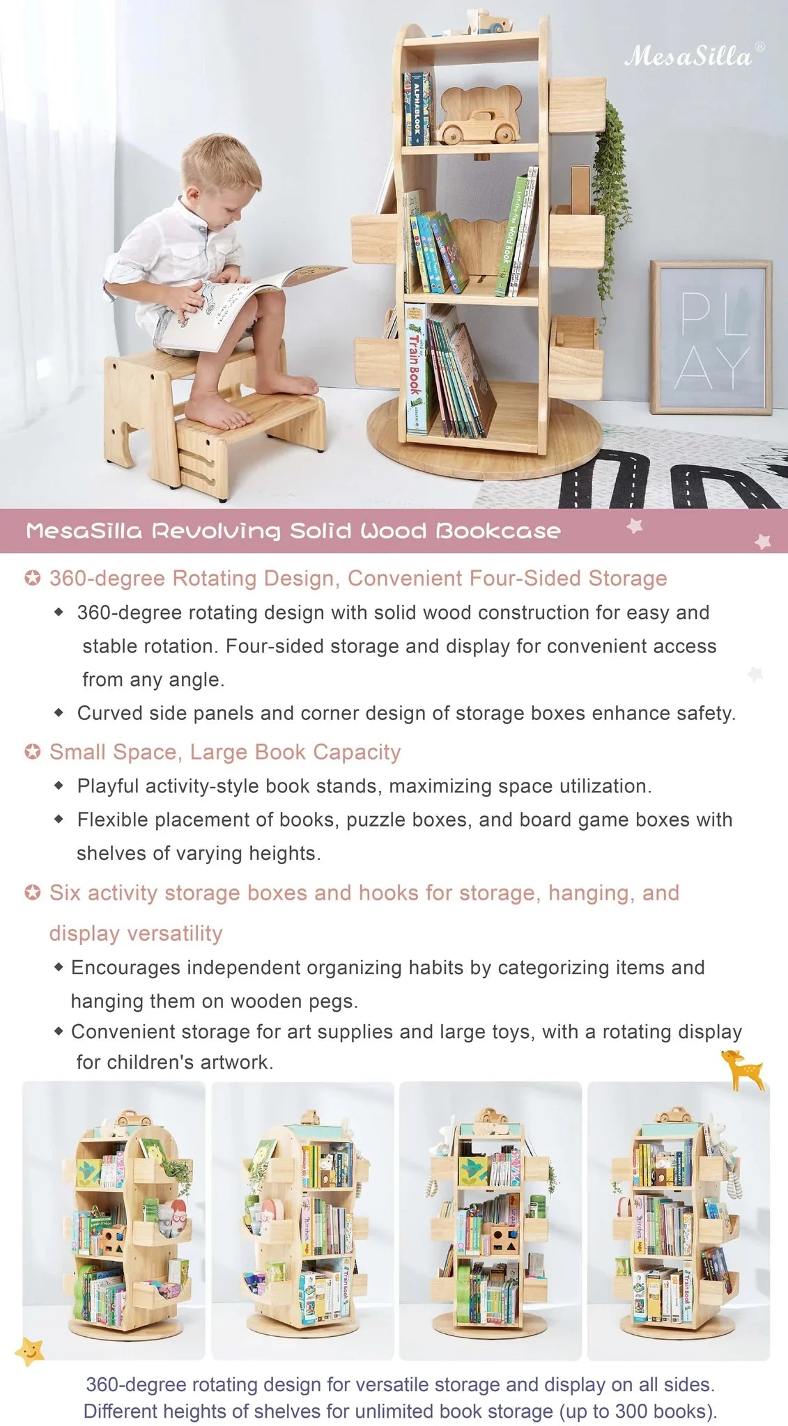 Mesasilla Solid Wood Rotating Bookshelf for Kids