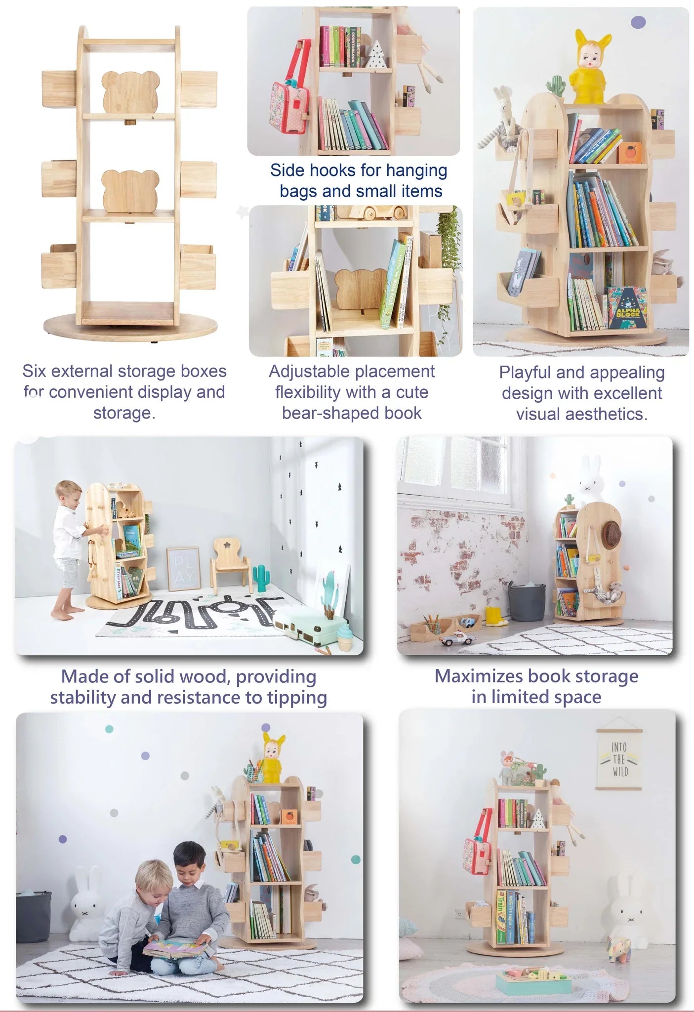 Mesasilla Solid Wood Rotating Bookshelf for Kids