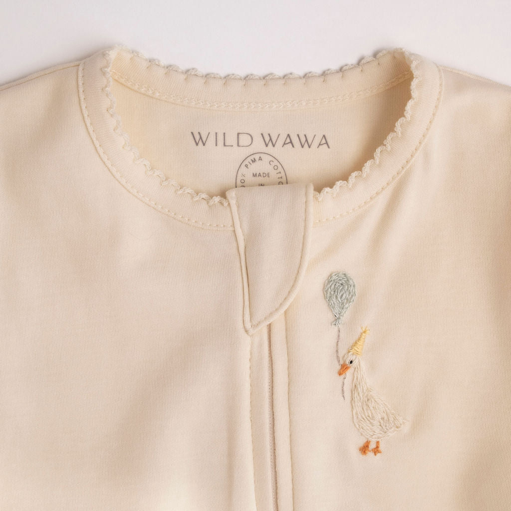 Pima Embroidered Footless Sleeper in Goose