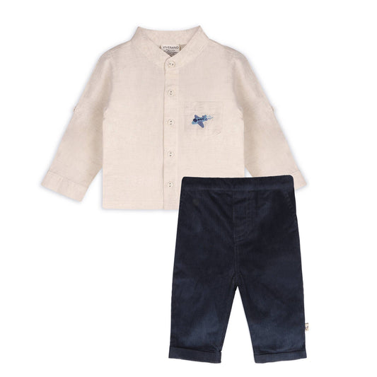 Portofino Baby Shirt & Pants Set (Organic Cotton): Natural / Navy / 3T