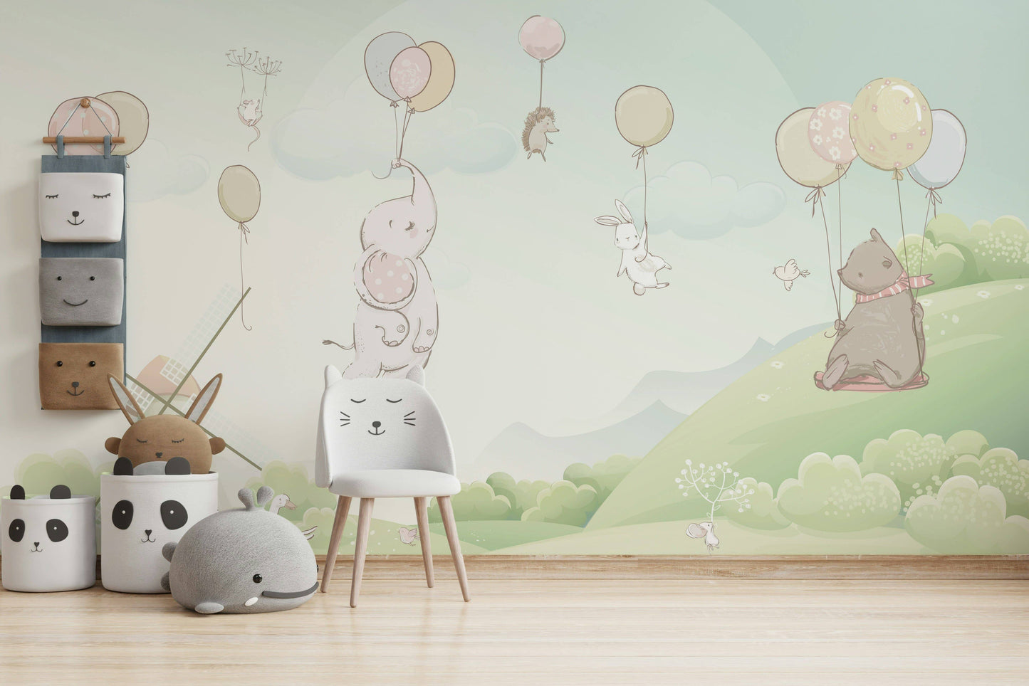 Kids Little Elephant Animal Cartoon Windmill Wallpaper Mural: Vinyl / W:75" x H:49"
