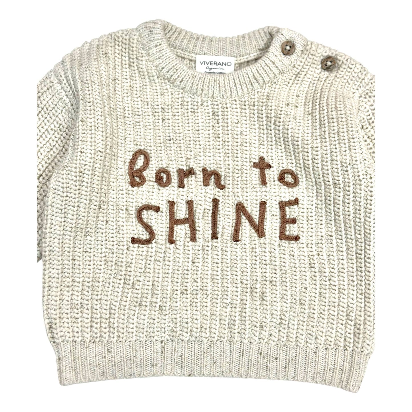 BORN TO SHINE Chunky Knit Slouchy Baby Pullover Sweater: Speckled Linen / 12-18M