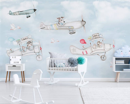 Cartoon Aircraft Sky Landscape Removable Kids Wallpaper: Peel and Stick Vinyl / W:55" x H:35"