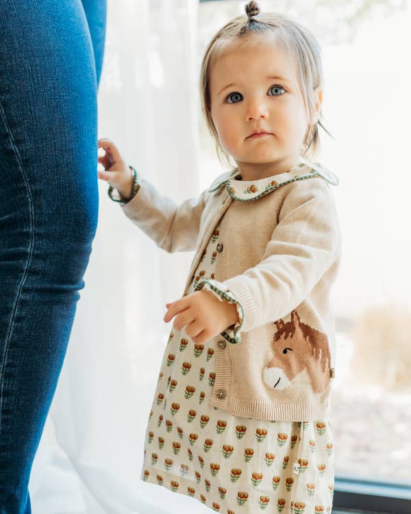 Horse Jacquard Sweater Knit Baby Cardigan (Organic Cotton): Oatmeal Heather / 18-24M