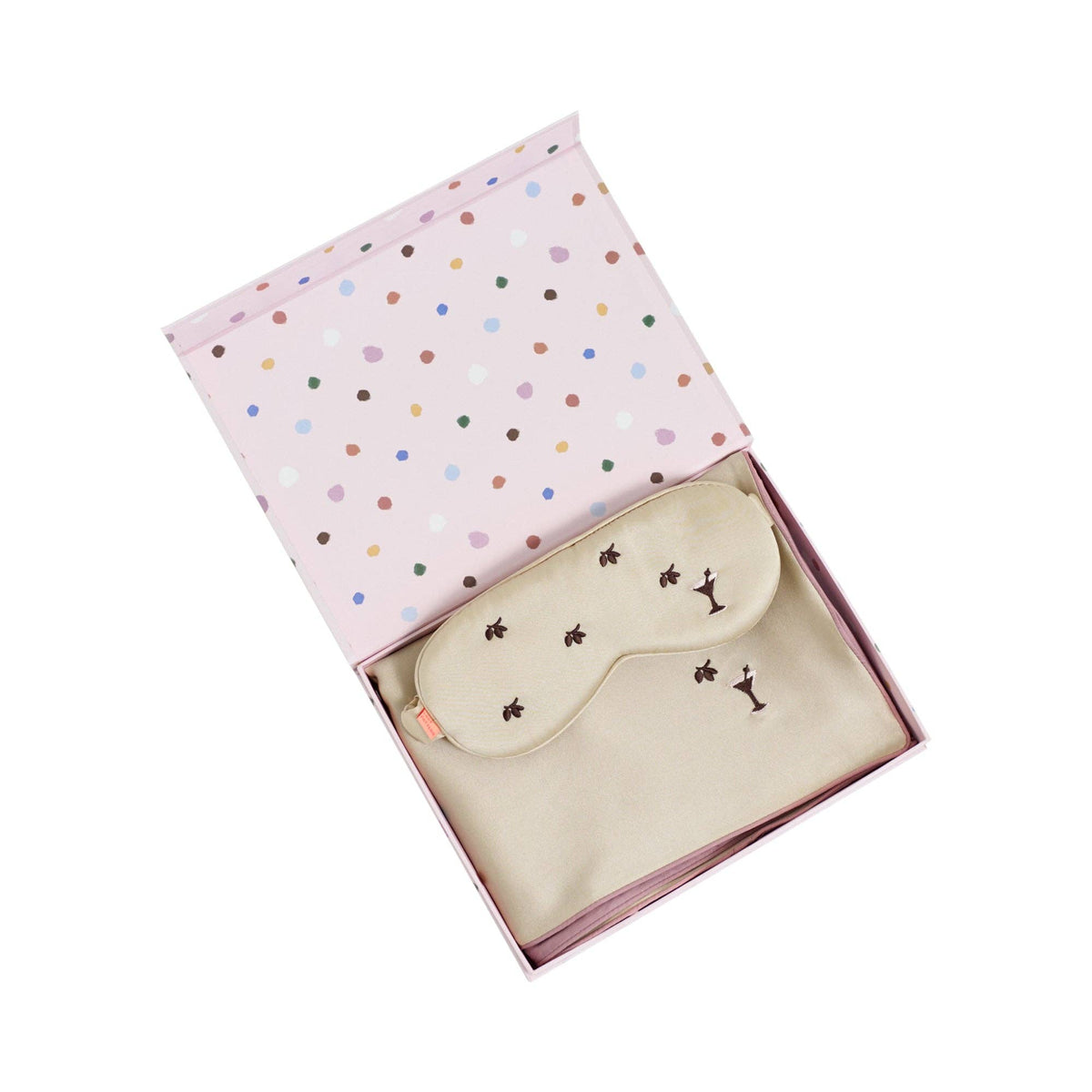 "Martini" 2 Piece Silk Gift Set: Silk Pillowcase & Silk Sleep Eye Mask - Champagne