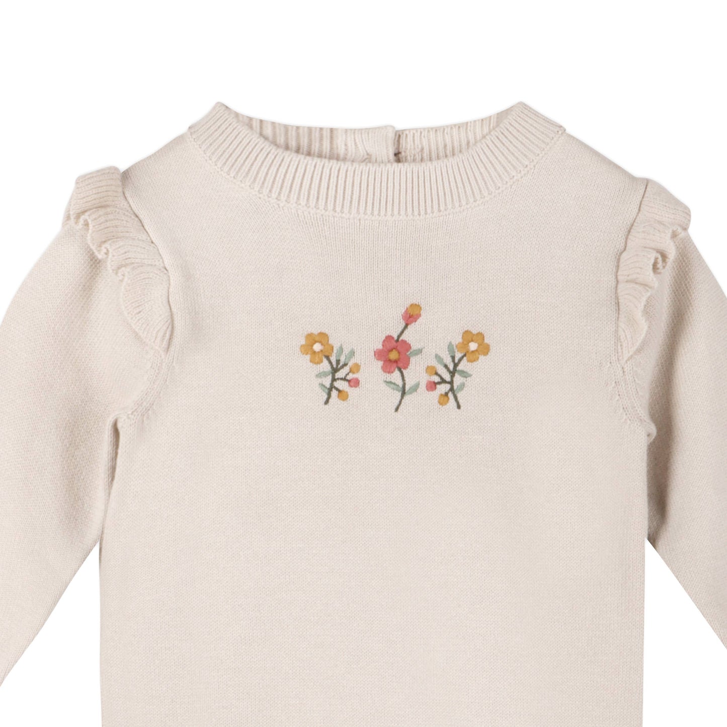 Floral Embroidered Ruffle Baby Sweater Jumpsuit (Organic): Stone / 12-18