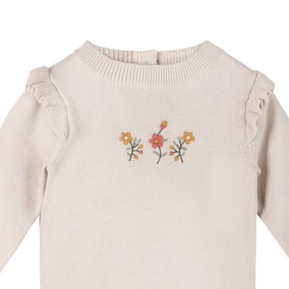 Floral Embroidered Ruffle Baby Sweater Jumpsuit (Organic): Stone