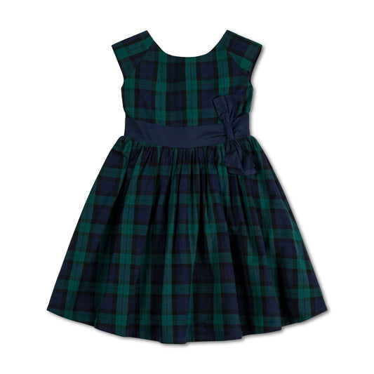 Cap Sleeve Organic Party Dress with Bow Sash: Black Watch Tartan / 5