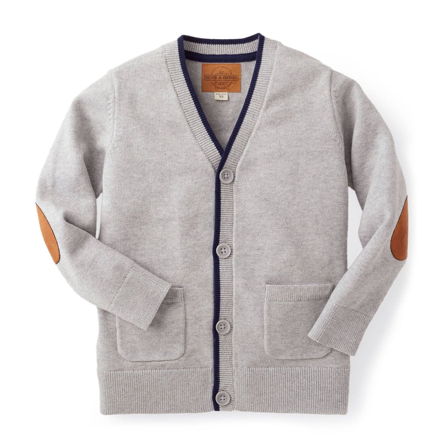Tipped Cardigan with Elbow Patches - Baby: Light Gray Heather with Navy / 6-12 Months