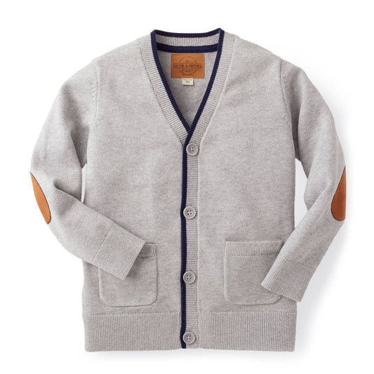 Tipped Cardigan with Elbow Patches - Baby: Light Gray Heather with Navy / 6-12 Months