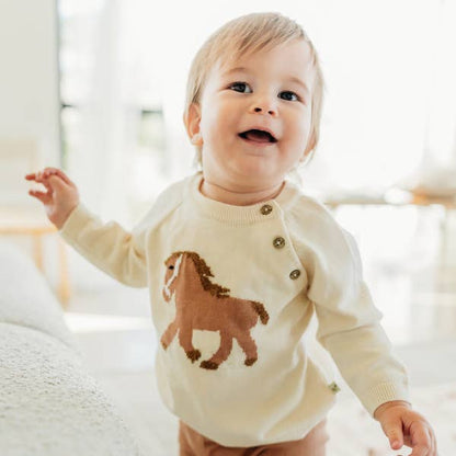 Horse Jacquard Sweater Knit Baby Pullover (Organic Cotton): Natural