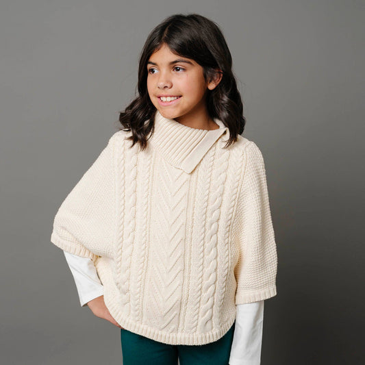 Organic Split Collar Sweater Cape: Ivory Center Cable / XX-Small（fit for 2-4）