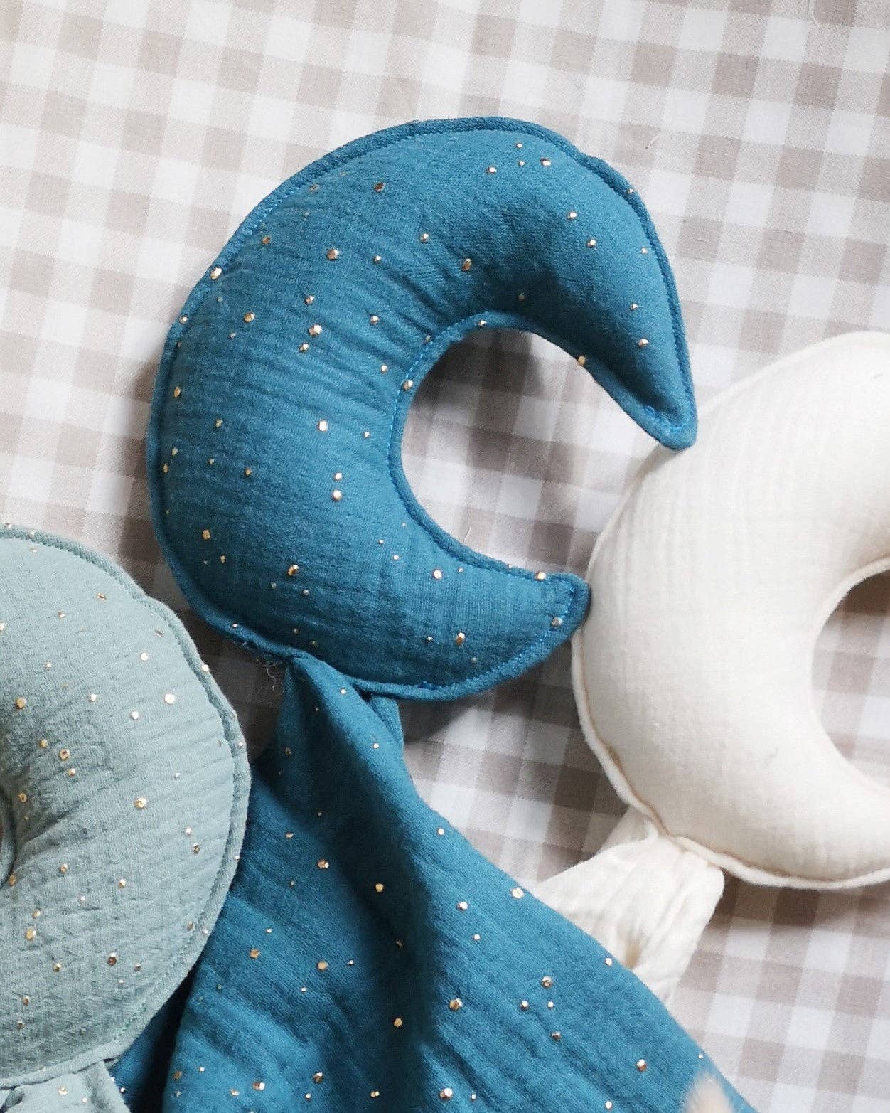 Moon comforter - Baby security blanket: NAVY WITH GOLD DOTS