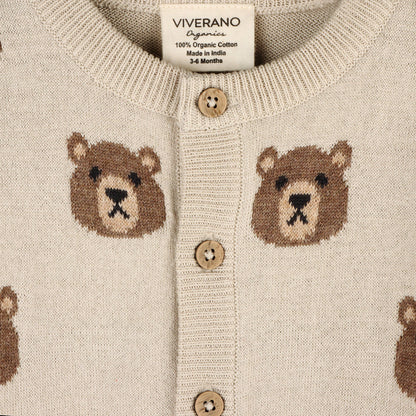 Brown Bear Jacquard Baby Cardigan Sweater (Organic Cotton): Stone