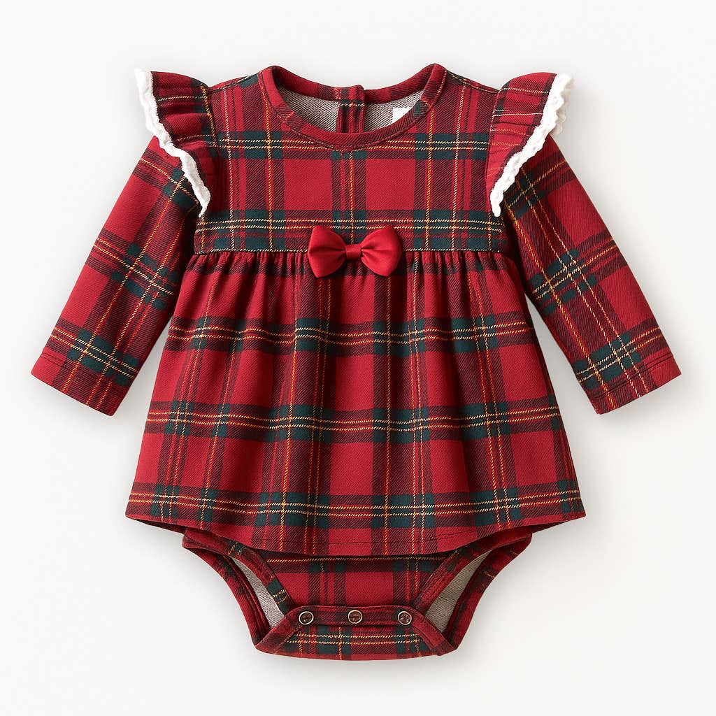 Christmas Bamboo Baby Skirted Bodysuit – Red Tartan Plaid: 9-12M