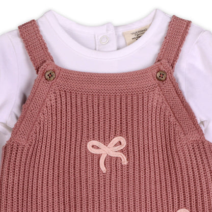 Sweet Bow Embroidered Sweater Knit Baby Jumpsuit (Organic): Vintage Rose / 6-12M