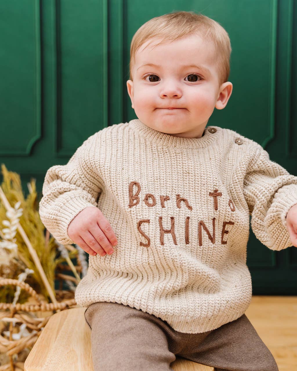 BORN TO SHINE Chunky Knit Slouchy Baby Pullover Sweater: Speckled Linen / 12-18M