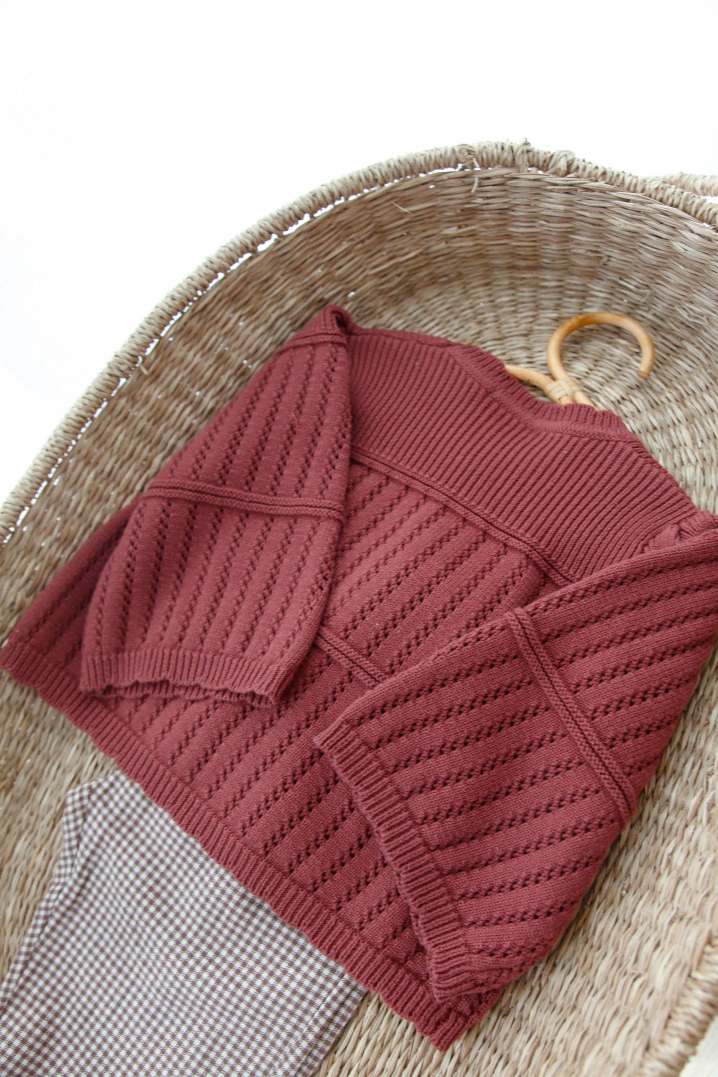 Dusky/Berry Cotton Flare Sleeve Openwork Knit Jumper: 12-18m