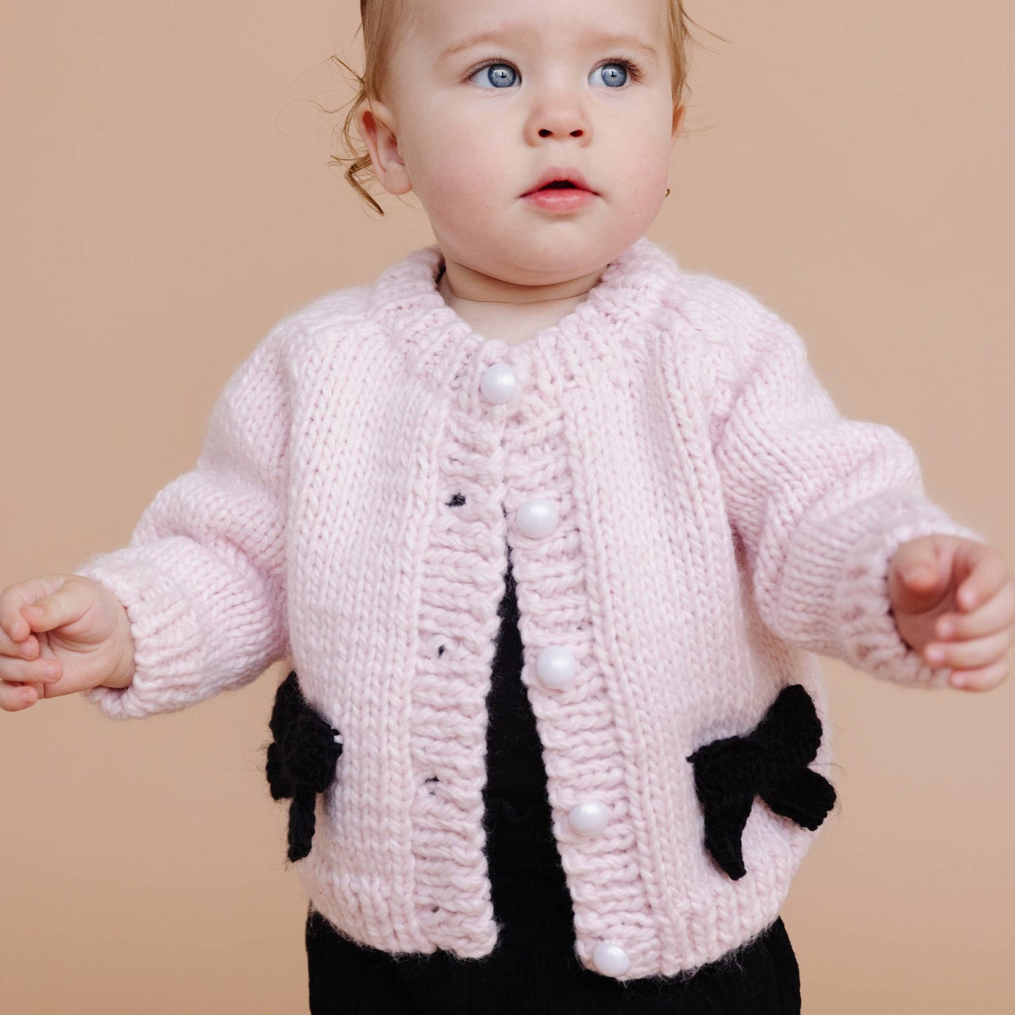Bow Cardigan, Baby Pink/Black | Kids Sweater: S; 12-24M