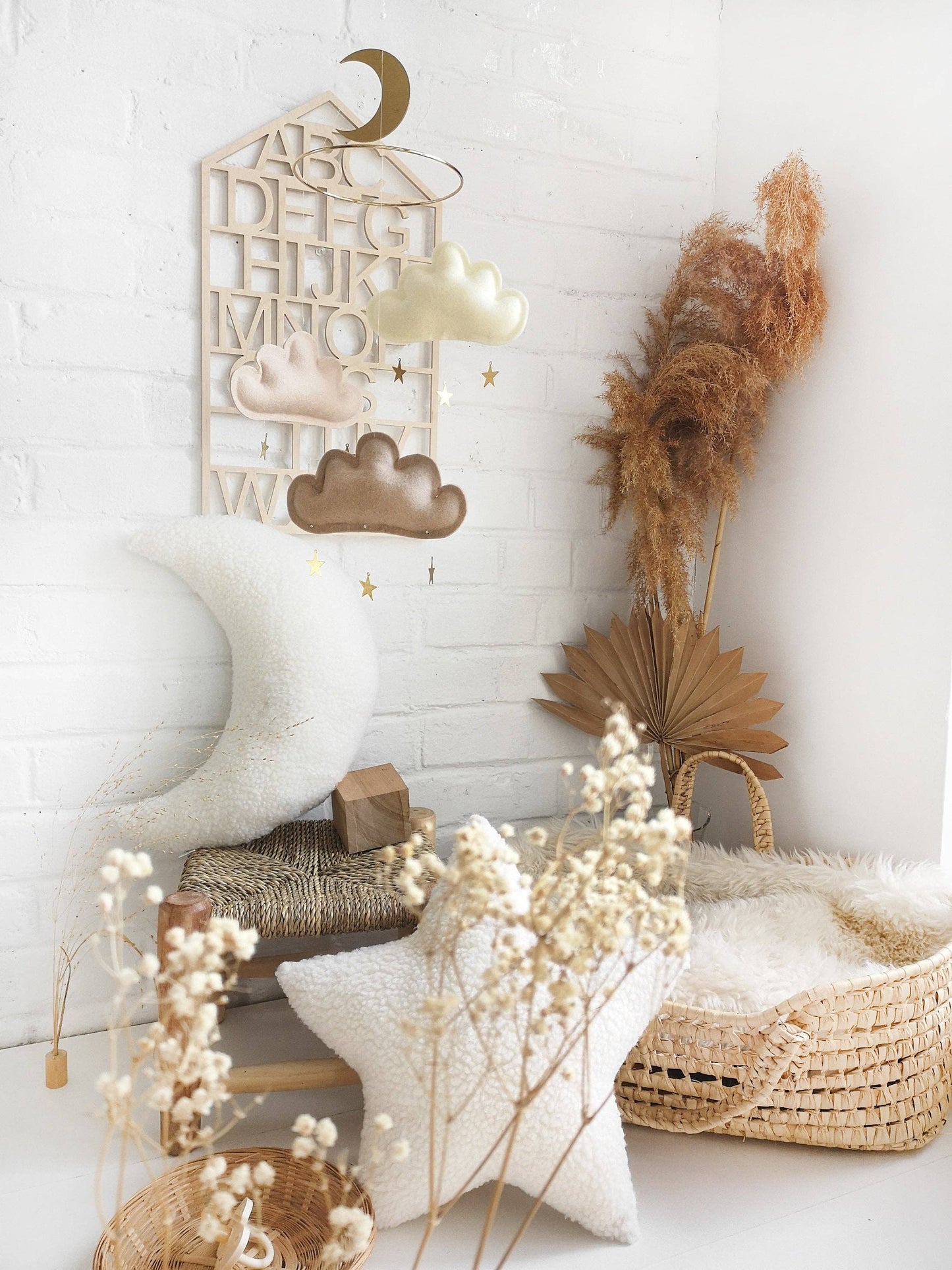 Clouds and stars baby mobile - Ivory, beige, taupe