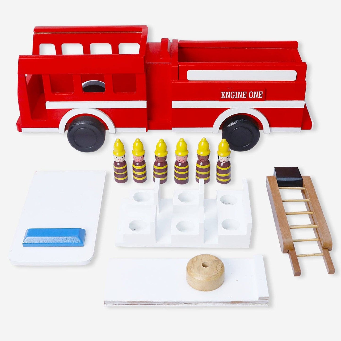 Large Wooden Fire Truck Toy – 20” Ladder Engine with 6 Firefighters