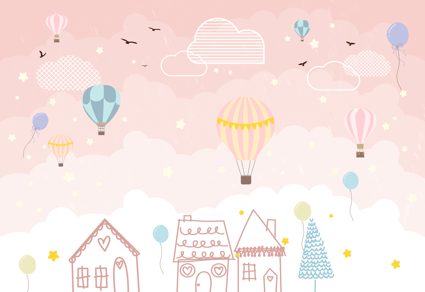 Hot Air Balloons Cloud Bird Star House Pink Background Mural: Vinyl / W:55" x H:35"