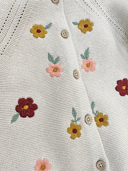 Floral Embroidered Pearl Knit Baby Cardigan Sweater -Organic: Stone / 18-24M