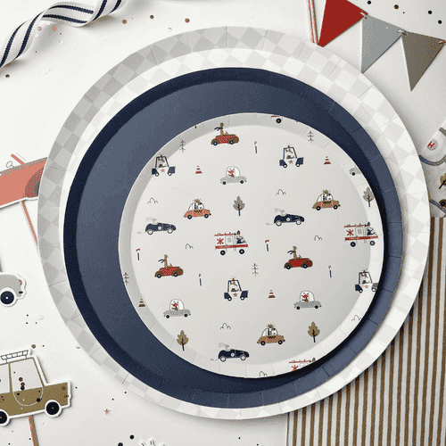Car Patterned Birthday Dessert Plates – 7" Beige Plates (12pcs)