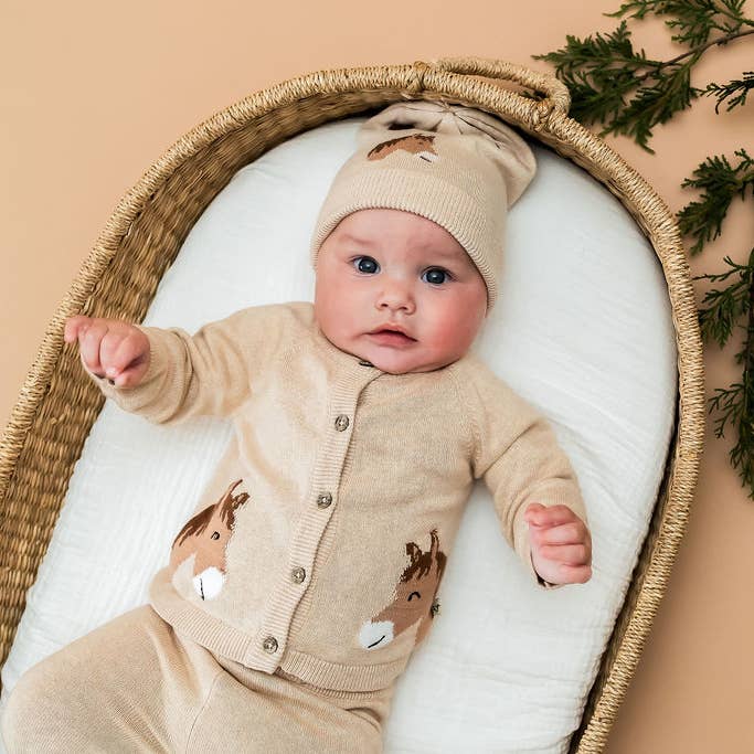 Horse Jacquard Sweater Knit Baby Cardigan (Organic Cotton): Oatmeal Heather / 3-6M