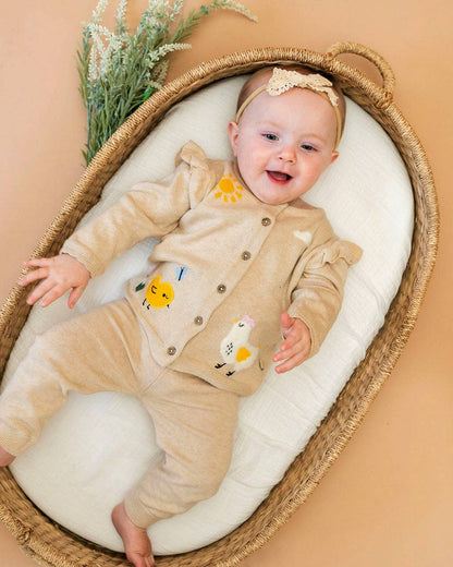Chicken Little Embroidered Sweater Baby Cardigan (Organic): Oat Heather / 6-12M