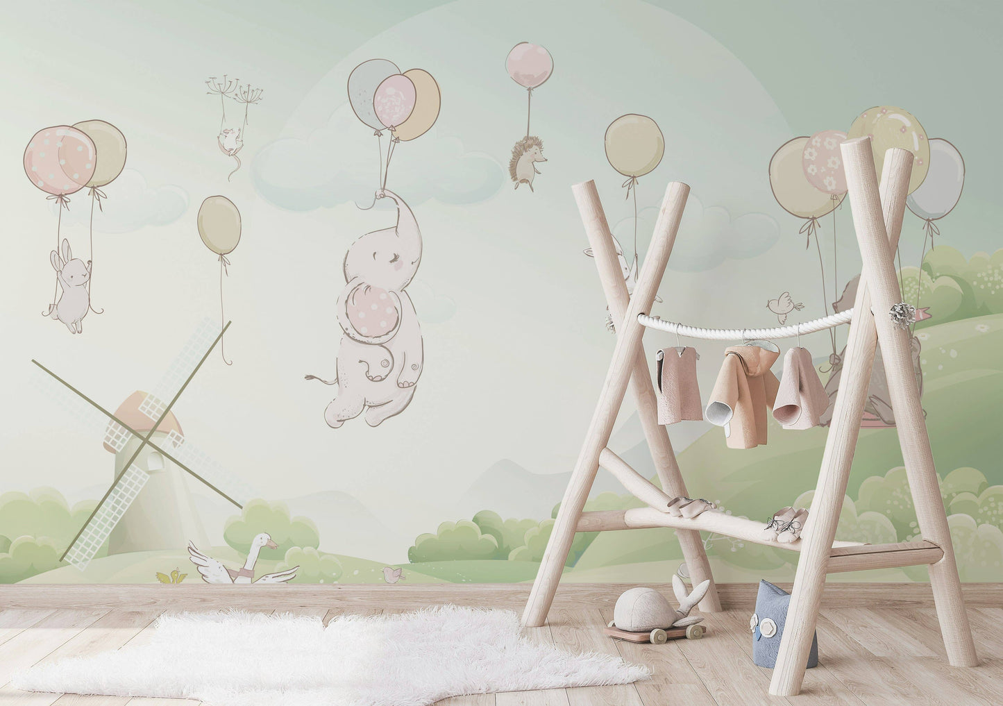 Kids Little Elephant Animal Cartoon Windmill Wallpaper Mural: Vinyl / W:75" x H:49"