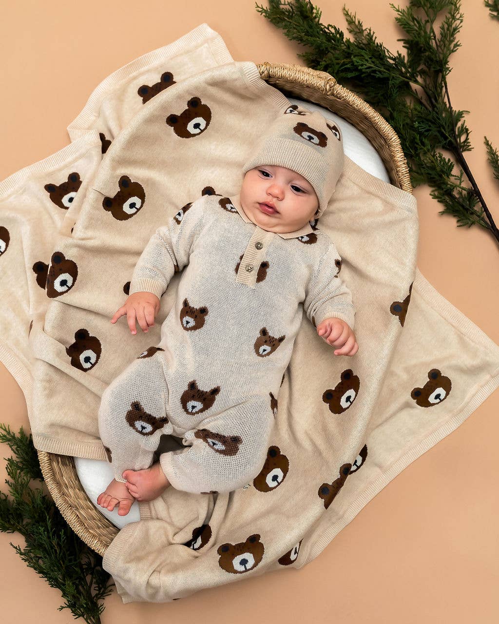 Brown Bear - Organic Cotton Jacquard Knit Baby Blanket: Oatmeal Heather / One Size