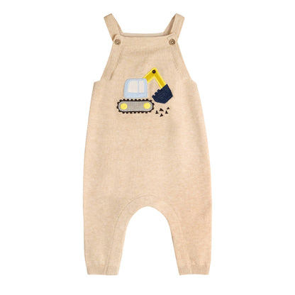 Excavator Truck Embroidered Baby Overall Set -Organic Cotton: Oat Heather / 3-6M
