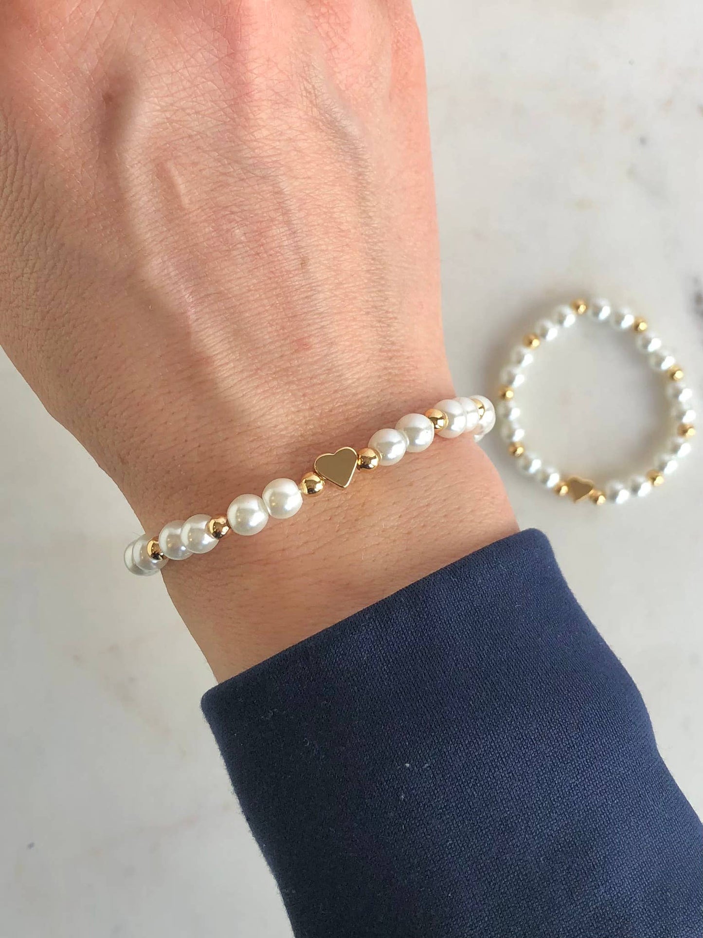 White Pearl and Gold Heart Mommy and Me Bracelet Set