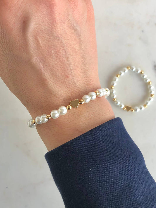White Pearl and Gold Heart Mommy and Me Bracelet Set